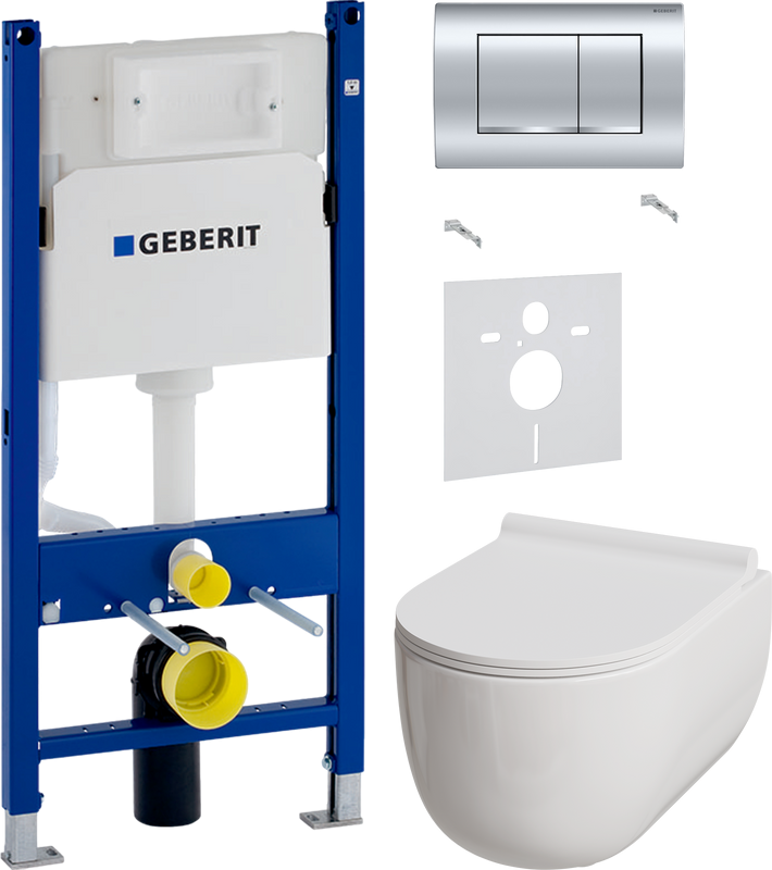 Комплект Унитаз подвесной Damixa Scandinavian Pure DX36C1701SC с микролифтом, безободковый + Звукоизоляция Geberit + Инсталляция Duofix Delta 458.163.21.1 с кнопкой смыва, хром