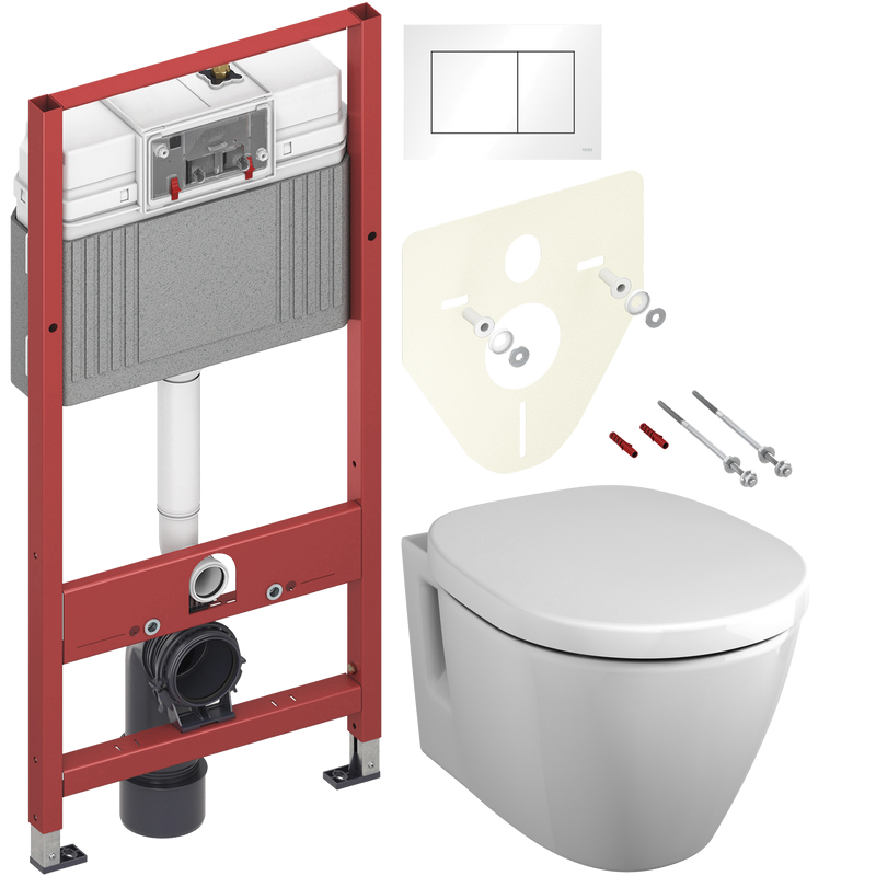 Комплект Унитаз подвесной Ideal Standard Connect E781901 с функцией биде + Крышка E712701 с микролифтом, петли хром + Инсталляция TECE Base 9400413 4 в 1 с кнопкой смыва