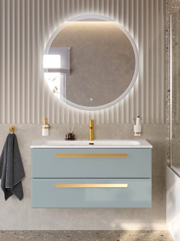 Тумба с раковиной Cezares Eco-Cer-N 100 серо-голубая матовая, раковина CZR-8073-100, ручки сатиновое золото