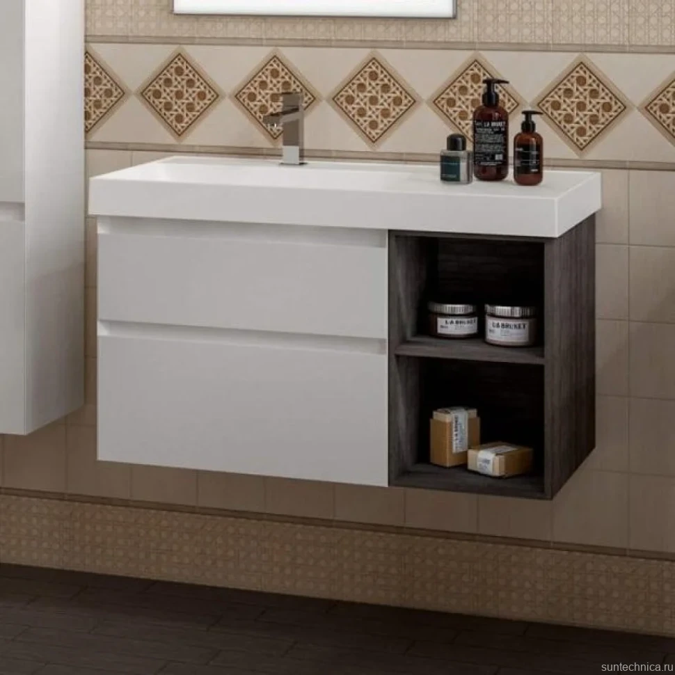 Мебель для ванной комнаты KERAMA MARAZZI Cubo 90, левая подвесная, с ящиками и полкой, белая матовая, древесная
