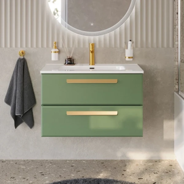 Тумба с раковиной Cezares Eco Cer-N 80 фисташковый софт, раковина Duet 80, ручки сатиновое золото