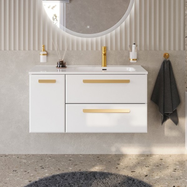 Тумба под раковину без столешницы Cezares Eco Cer-N 100 R 2 ящика, 1 дверца, bianco lucido, ручки сатиновое золото