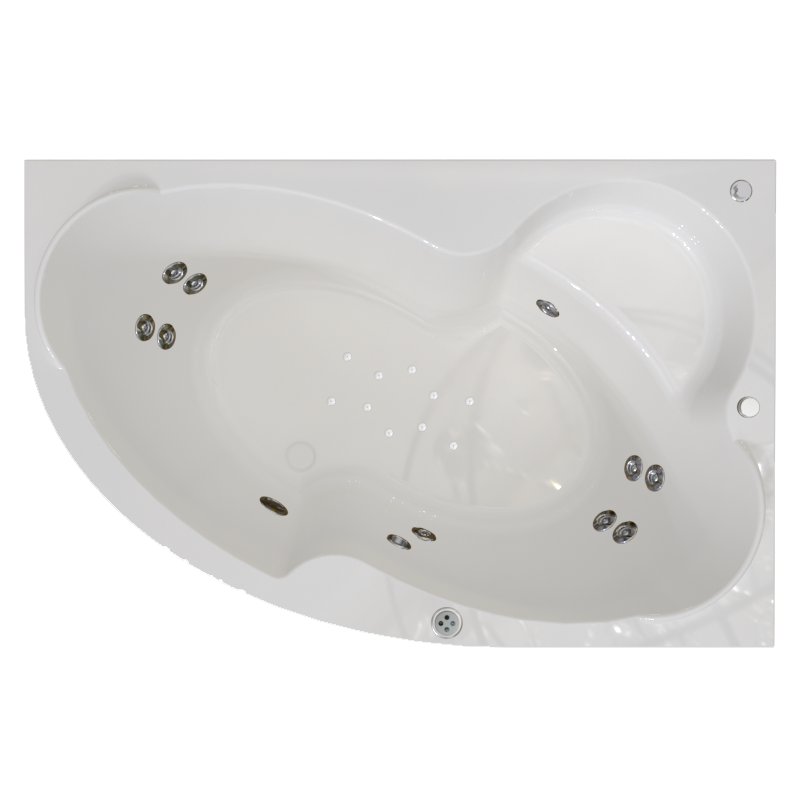 Акриловая ванна Radomir Ирма Терапия 160x105 см, угловая, правая, пристенная, с гидромассажем, белая, асимметричная, с каркасом, с экраном, с сиденьем, со сливом-переливом