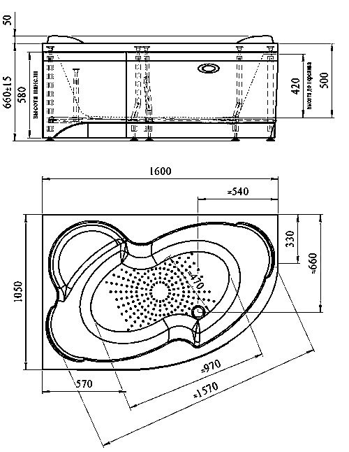 Акриловая ванна Radomir Ирма Терапия 160x105 см, угловая, правая, пристенная, с гидромассажем, белая, асимметричная, с каркасом, с экраном, с сиденьем, со сливом-переливом