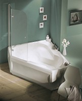 Акриловая ванна Jacob Delafon Bain-Douche L 145x145 см, угловая, левая, пристенная, белая, пятиугольная, с каркасом, с сиденьем