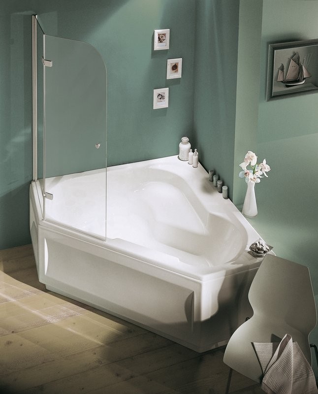 Акриловая ванна Jacob Delafon Bain-Douche L 145x145 см, угловая, левая, пристенная, белая, пятиугольная, с каркасом, с сиденьем
