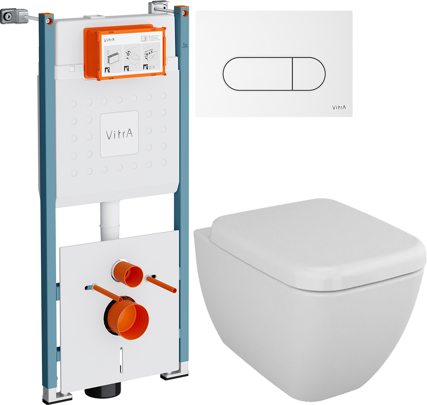 Комплект Унитаз подвесной VitrA Shift 7742B003-0075 белый глянцевый + Крышка 91-003-009 с микролифтом, петли хром + Инсталляция V-Fix Core 732-5800-01PV + Кнопка Root Round 740-2200 белая глянцевая