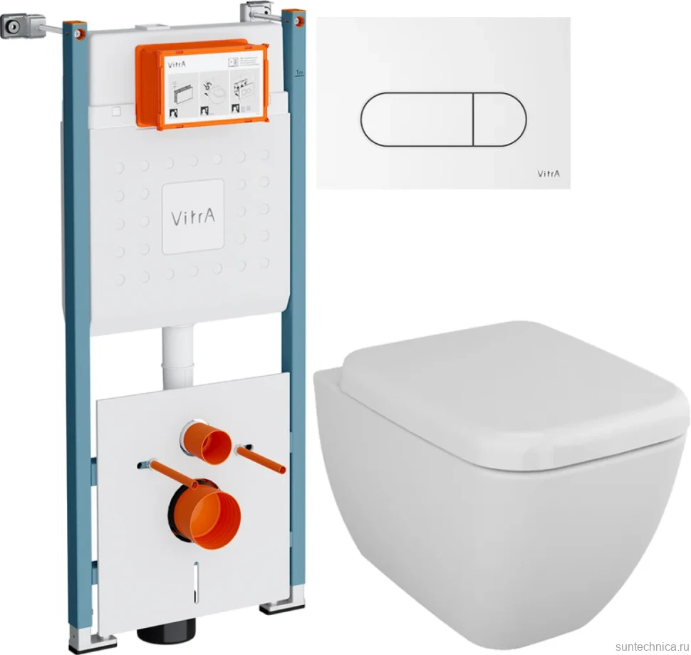 Комплект Унитаз подвесной VitrA Shift 7742B003-0075 белый глянцевый + Крышка 91-003-009 с микролифтом, петли хром + Инсталляция V-Fix Core 732-5800-01PV + Кнопка Root Round 740-2200 белая глянцевая