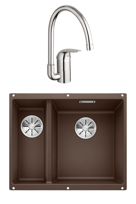 Комплект Мойка Blanco Subline 340/160-U кофе, правая + Смеситель Grohe Euroeco