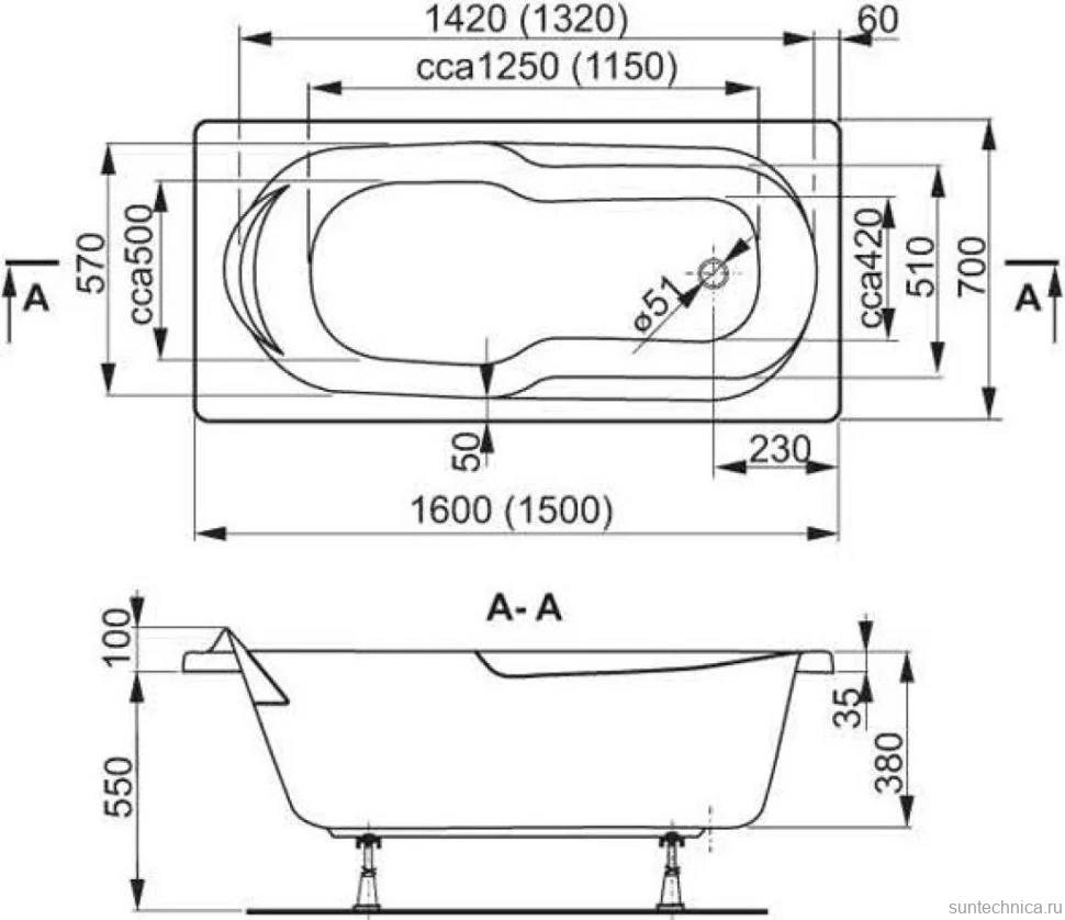 Акриловая ванна Vagnerplast Nymfa 160x70 см, пристенная, ультрабелая, с каркасом