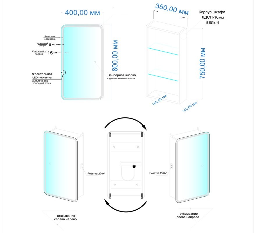 Зеркало-шкаф Style Line Каре 40 с подсветкой, сенсор с диммером, белое
