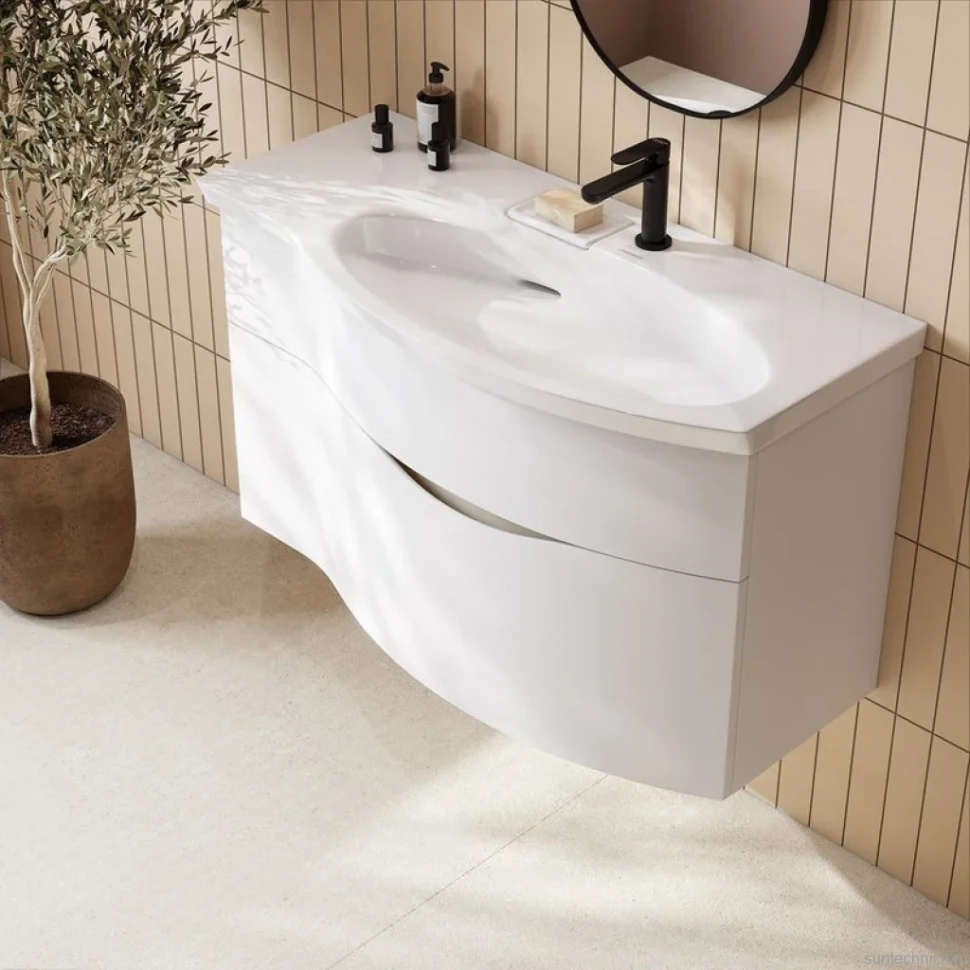 Мебельная раковина KERAMA MARAZZI Riva 100 R накладная, глянцевая белая, полукруглая, фаянс, со скрытым сливом