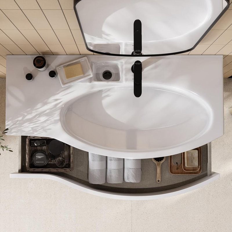 Мебельная раковина KERAMA MARAZZI Riva 100 R накладная, глянцевая белая, полукруглая, фаянс, со скрытым сливом