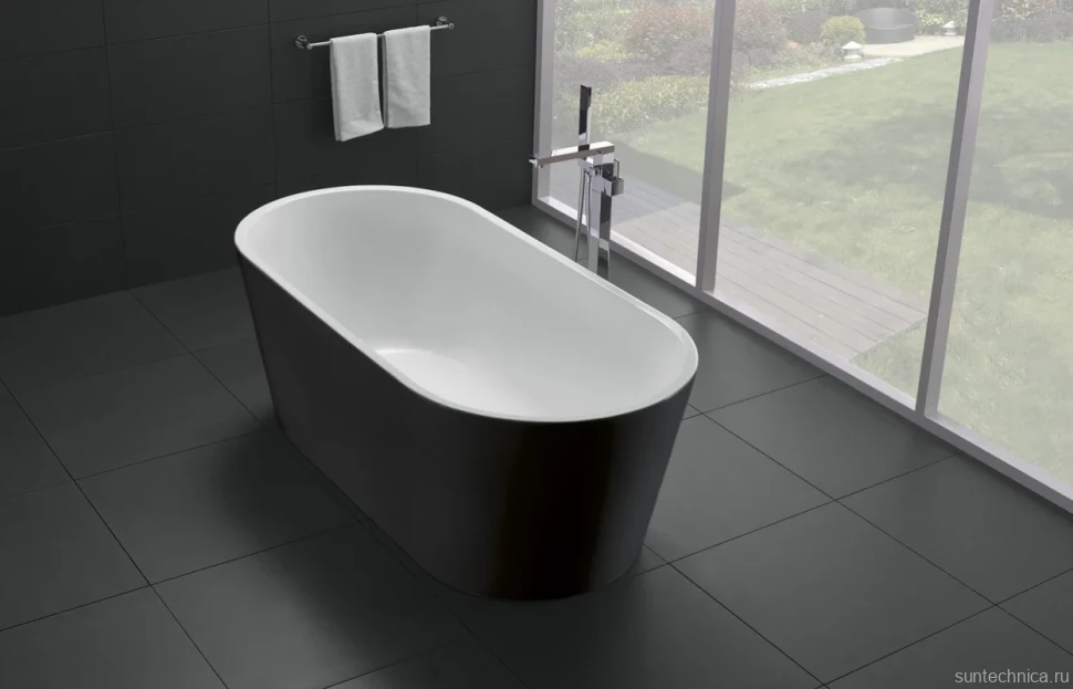 Акриловая ванна BelBagno BB71-1800-NERO-W0 180x80 см, отдельностоящая, глянцевая черная, овальная, на ножках, с донным клапаном