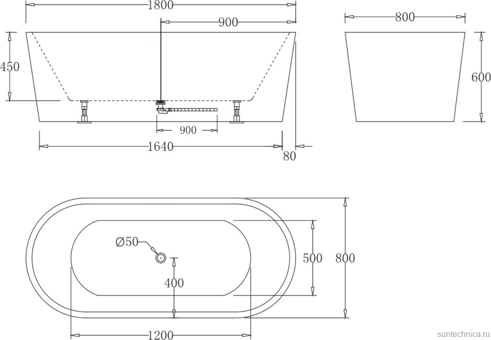 Акриловая ванна BelBagno BB71-1800-NERO-W0 180x80 см, отдельностоящая, глянцевая черная, овальная, на ножках, с донным клапаном