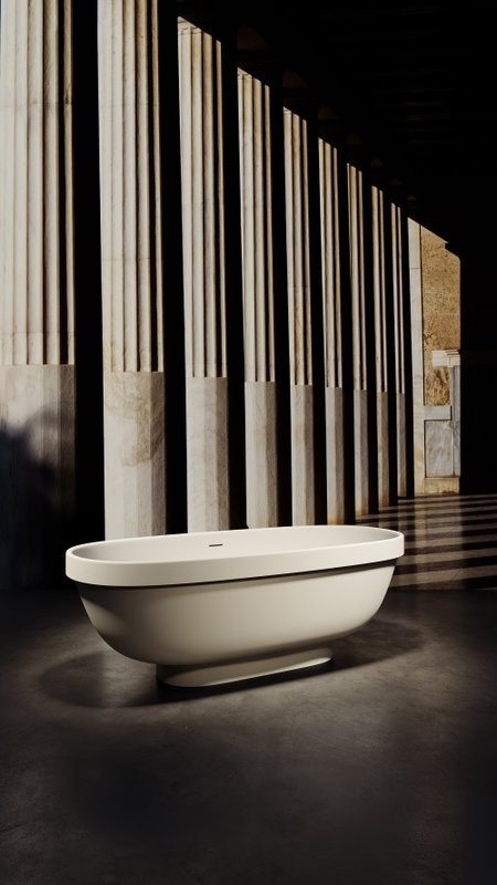 Ванна из искусственного камня Salini Greca S-Stone 180x80 см, отдельностоящая, матовая белая, овальная, со сливом-переливом, с донным клапаном