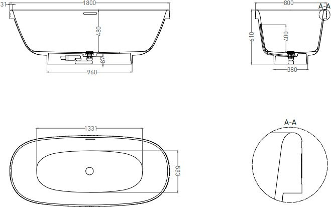 Ванна из искусственного камня Salini Greca S-Stone 180x80 см, отдельностоящая, матовая белая, овальная, со сливом-переливом, с донным клапаном