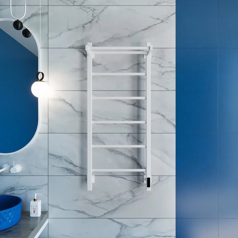 Полотенцесушитель электрический Grota App 430х1000 RAL9016 EL 100x45 см, подключение справа, слева, скрытое подключение справа, матовый белый, лесенка, из стали, с полкой