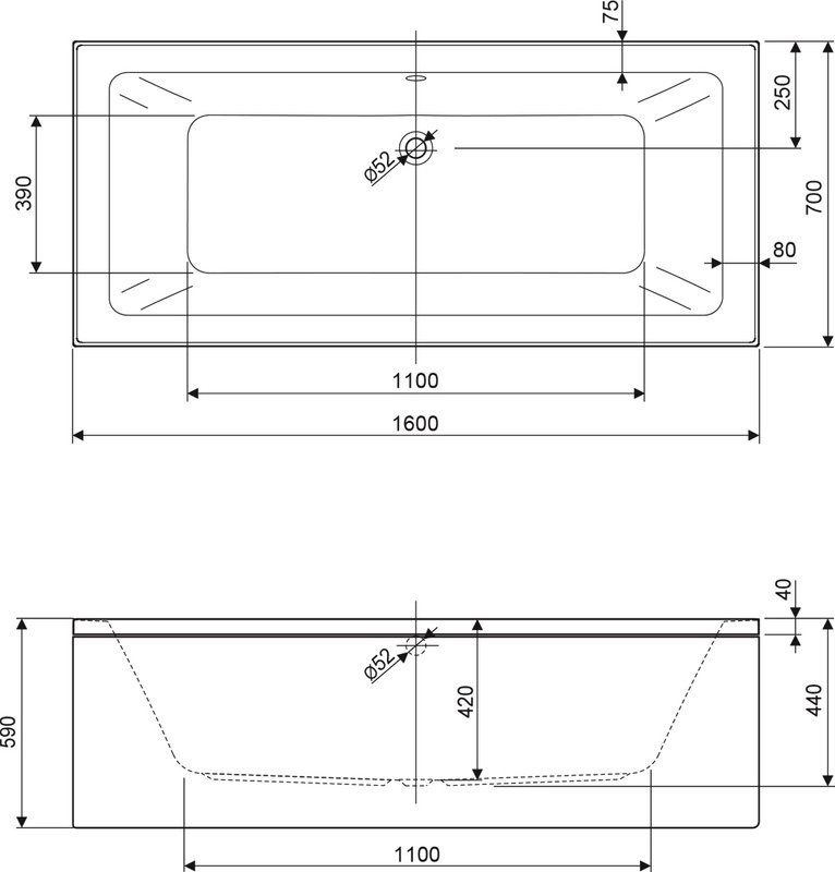 Акриловая ванна Cezares Plane Mini 160x70 см, пристенная, белая, на ножках