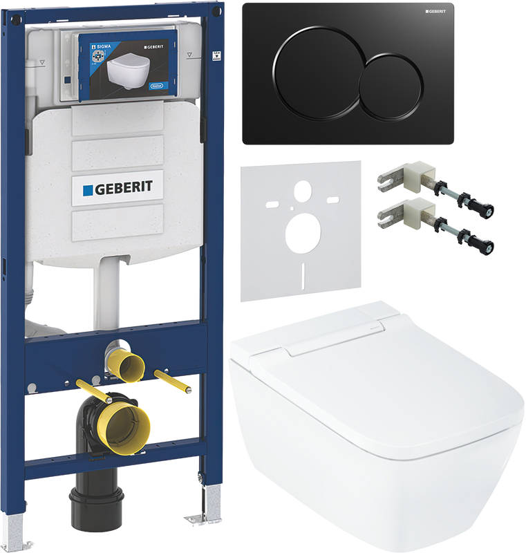 Комплект Умный унитаз Geberit AquaClean Sela Square безободковый, с биде, белый + Инсталляция Duofix UP 320 111.300.00.5 + Кнопка Sigma 01 115.770.DW.5 черная + Звукоизоляция + Крепления 111.815.00.1 к стене