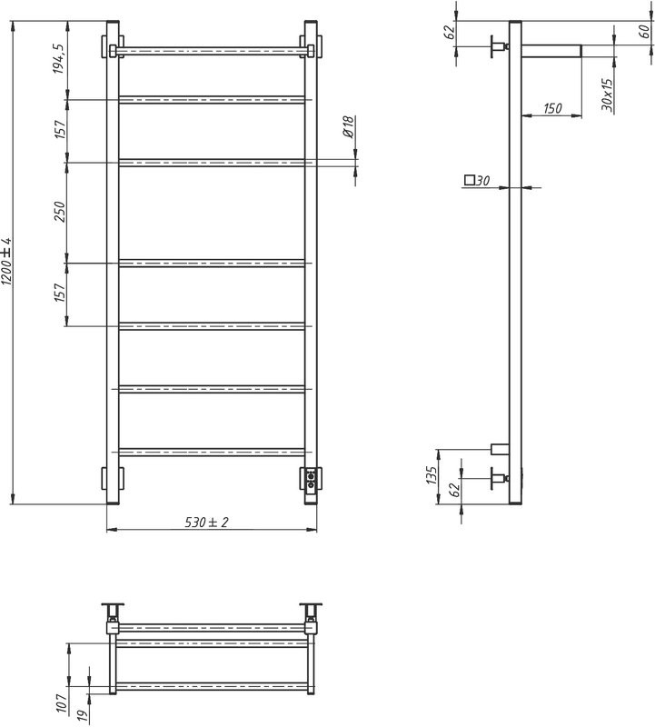 Полотенцесушитель электрический Grota Alto 530х1200 NM EL 120x55 см, подключение справа, слева, скрытое подключение справа, матовый хром, лесенка, с полкой
