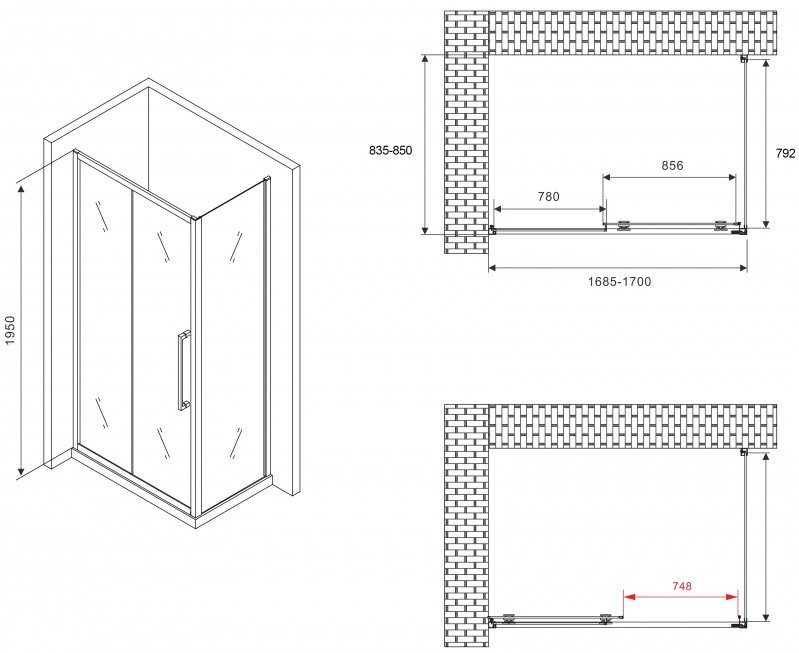 Душевой уголок Abber Schwarzer Diamant AG30170BH-S85B 170x85, профиль черный, стекло прозрачное