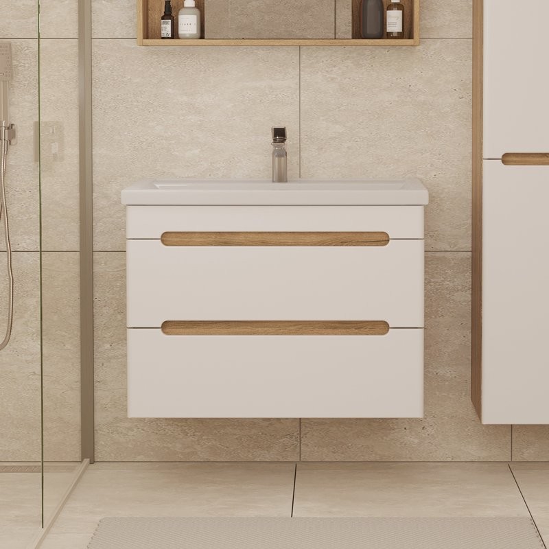 Тумба с раковиной SanStar Diva 80 подвесная, матовая белая, дуб вотан, раковина Фостер 80