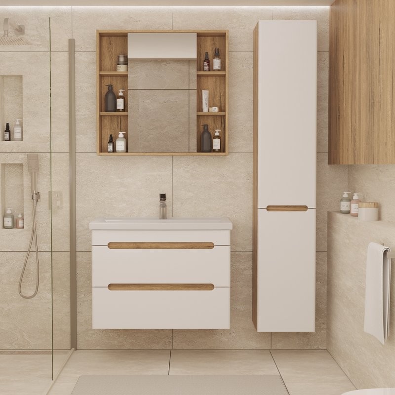 Тумба с раковиной SanStar Diva 80 подвесная, матовая белая, дуб вотан, раковина Фостер 80