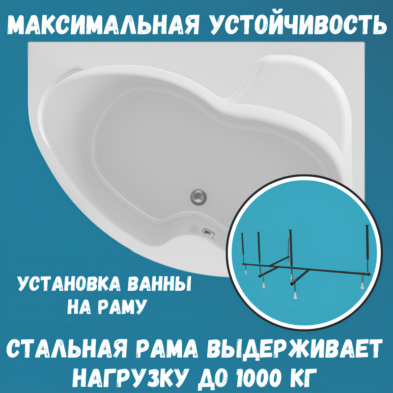 Акриловая ванна 1MarKa Aura R Премиум 150x105 см, угловая, правая, пристенная, белая, асимметричная, с каркасом, для двоих, с экраном, с сиденьем, со сливом-переливом