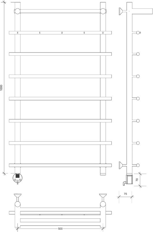 Полотенцесушитель электрический Secado Турин 1 КСП 105x55 см, подключение слева, глянцевый хром, лесенка, с полкой