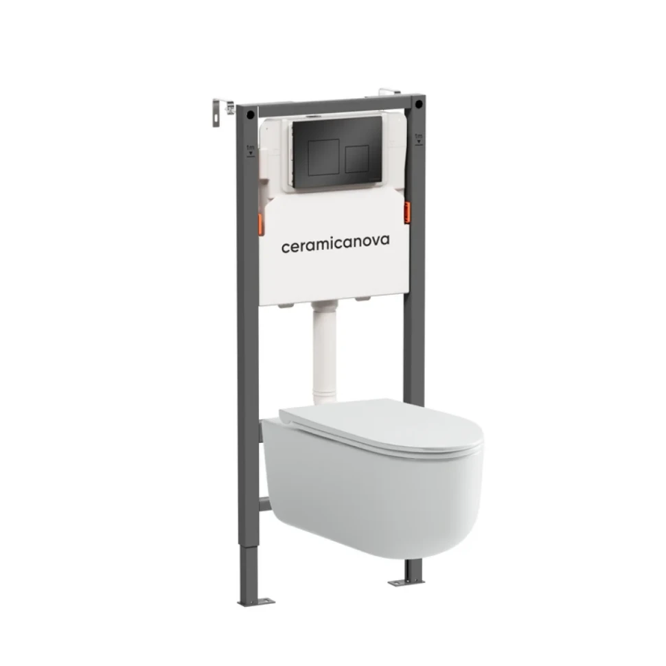 Комплект Ceramicanova Унитаз подвесной Ulma Rimless CN4006 безободковый, с микролифтом + Инсталляция Balance CN121002MB с кнопкой Square матовой черной