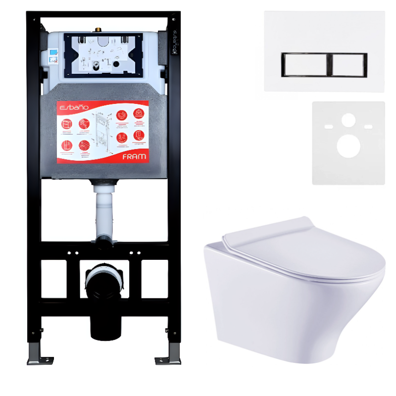 Комплект Унитаз подвесной Esbano Aster ESUPASTEW белый глянец + Инсталляция Fram + Кнопка ESINPRK12GW