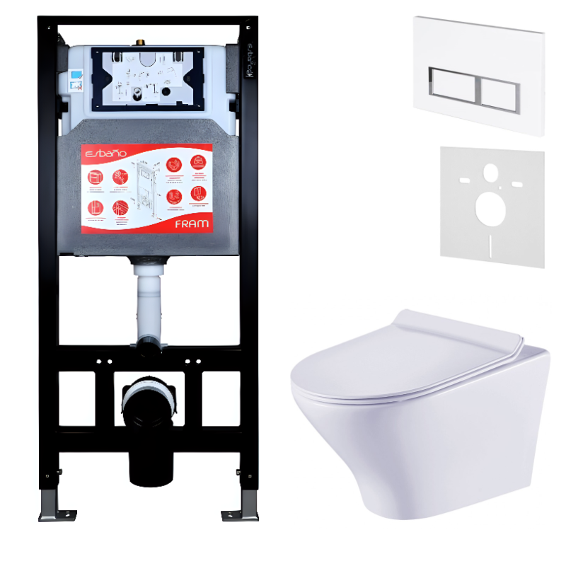 Комплект Унитаз подвесной Esbano Aster ESUPASTEW белый глянец + Инсталляция Fram + Кнопка ESINPRK12GW