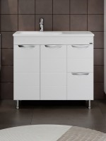 Тумба с раковиной СаНта Родос 90 напольная, с ящиками и дверками, глянцевая белая