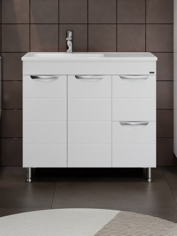 Тумба с раковиной СаНта Родос 90 напольная, с ящиками и дверками, глянцевая белая