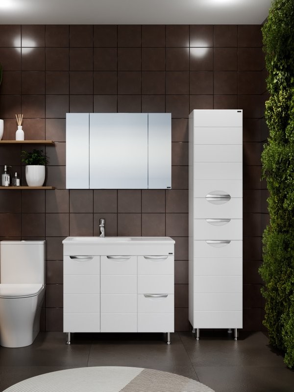 Тумба с раковиной СаНта Родос 90 напольная, с ящиками и дверками, глянцевая белая