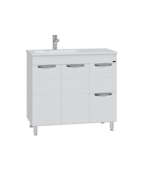 Тумба с раковиной СаНта Родос 90 напольная, с ящиками и дверками, глянцевая белая