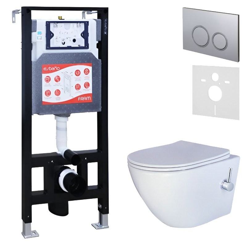 Комплект 3 в 1 Унитаз подвесной Esbano ESWBTERUWN + Инсталляция Fram + Кнопка ESINKRG11MC цвет матовый хром