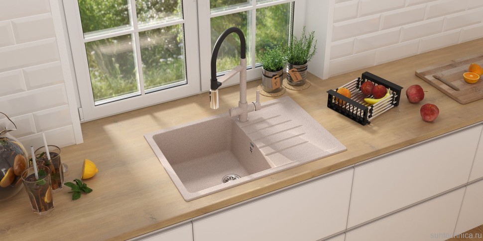 Мойка кухонная Ulgran U-400 302 песочная + дозатор U-02 песочный