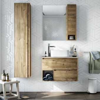Мебель для ванной STWORKI Карлстад 75 дуб рустикальный, простоун беж, с отверстием для смесителя в столешнице, белая
