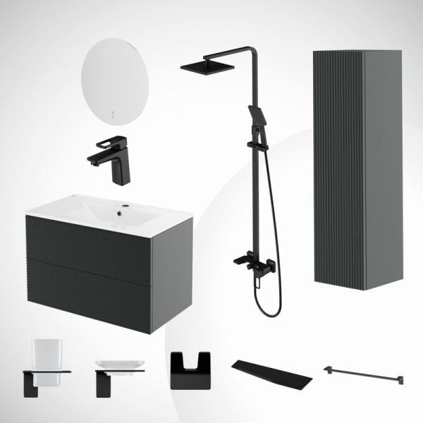 Комплект IDDIS 11в1: тумба подвесная с умывальником Bild 80 см + зеркало с термообогревом + пенал Bild подвесной + душевая система Bild + смеситель для умывальника + набор аксессуаров Slide (мыльница, стакан, полка, полотенцедержатель, крючок двойной)