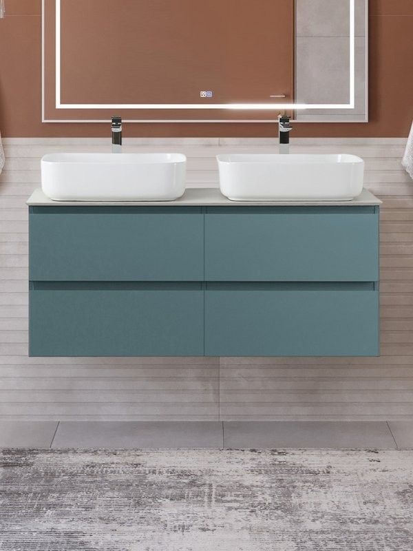 Тумба под раковину со столешницей BelBagno Kraft 120 подвесная, матовая голубая, столешница kep-120-2-cem, для двоих