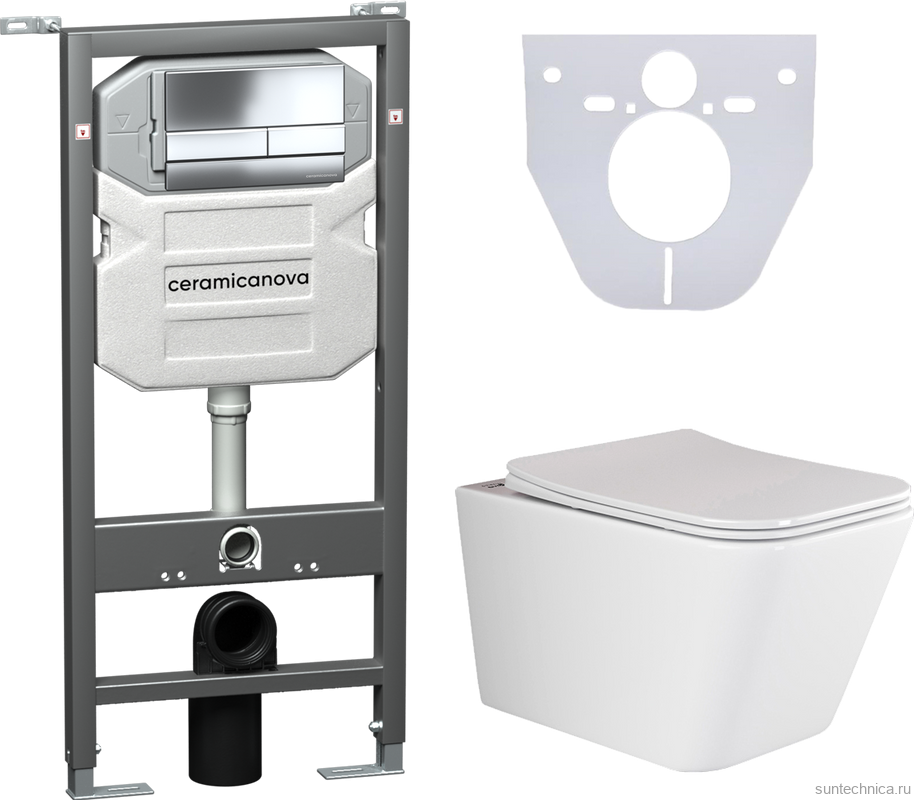 Комплект Унитаз подвесной Ceramicanova Metric CN3007 безободковый, с микролифтом + Инсталляция Envision CN1002CH + Кнопка Flat, хром