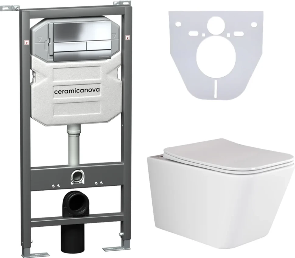 Комплект Унитаз подвесной Ceramicanova Metric CN3007 безободковый, с микролифтом + Инсталляция Envision CN1002CH + Кнопка Flat, хром