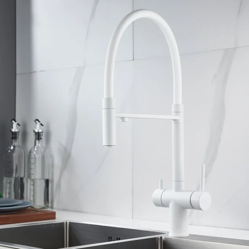 Смеситель для кухни Shevanik S178C с гибким изливом, белый