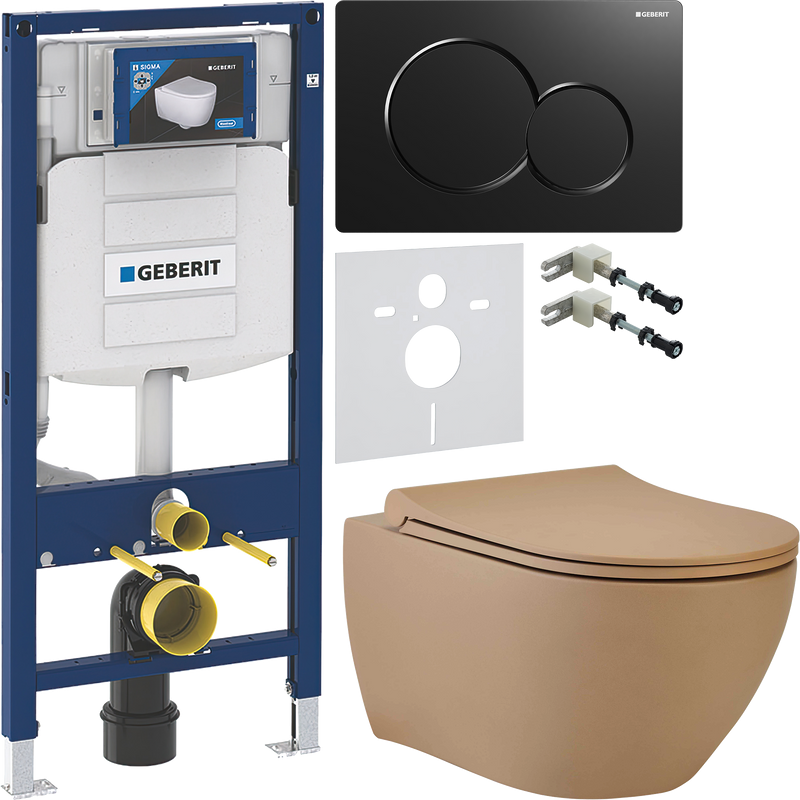 Комплект Унитаз подвесной beWash Bogen 88303273 с сиденьем микролифт латте + Крепления Geberit Duofix 111.815.00.1 к стене + Звукоизоляция + Инсталляция UP 320 111.300.00.5 + Кнопка Sigma 01 115.770.DW.5 черная