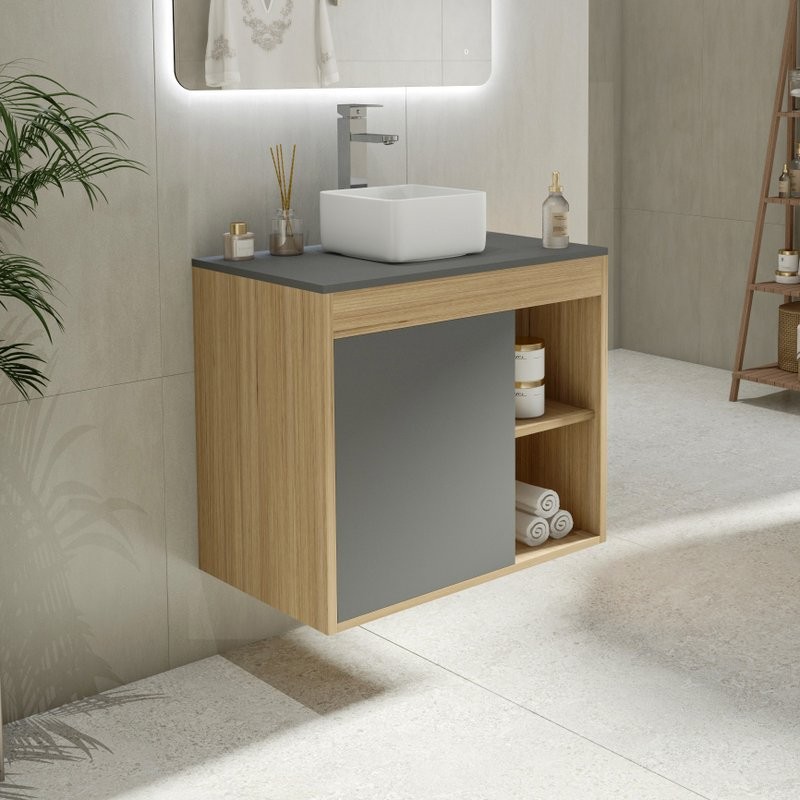 Тумба с раковиной Teymi Nura 70 дуб эврика, матовый графит, раковина Helmi Mini 24