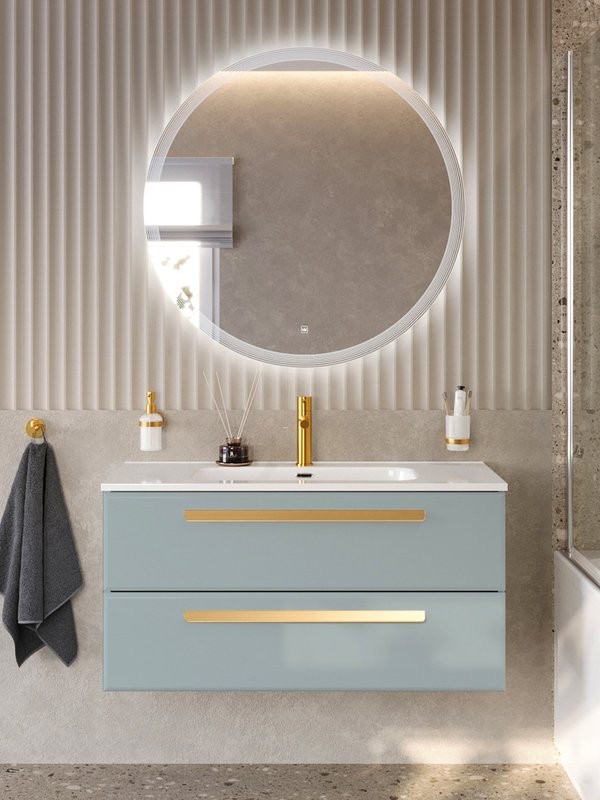 Тумба с раковиной Cezares Eco-Cer-N 100 серо-голубая матовая, раковина CZR-8095-100, ручки сатиновое золото
