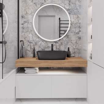 Мебель для ванной STWORKI Ольборг 120 столешница дуб французский, без отверстий, 2 тумбы 60, с раковиной Vitra Shift черной