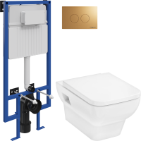 Комплект Унитаз подвесной Hansgrohe CreekTide Q безободковый, с микролифтом + Инсталляция STWORKI + Кнопка Хельсинки 500474 золотая матовая
